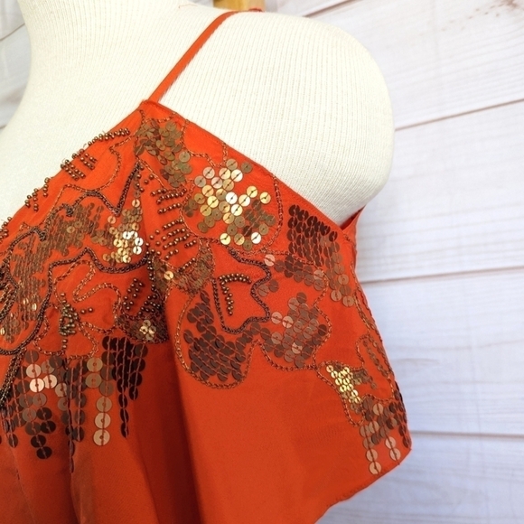 Karen Millen Embellished Flounce Silk Mini Dress in Burnt Orange Size 4 - Picture 4 of 14